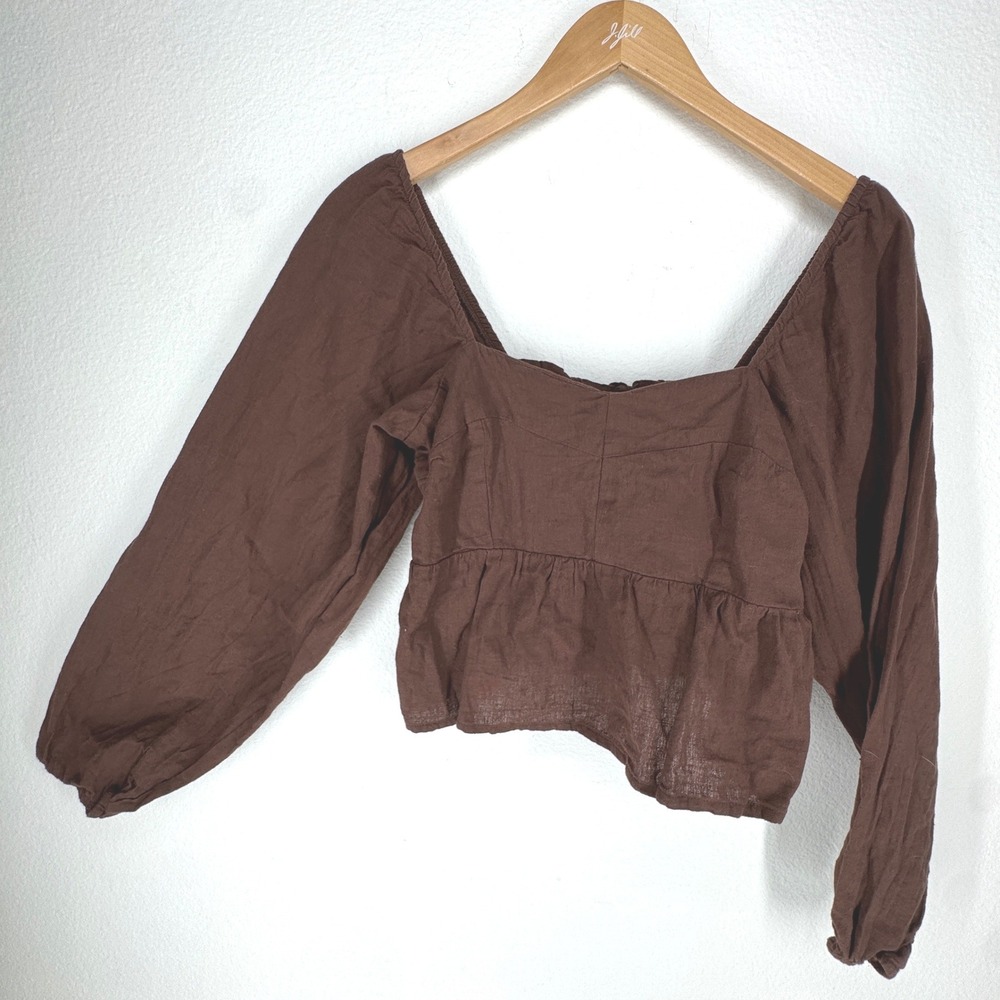 Sim & Sam Brown Linen Square Neck Peplum Balloon Sleeve Blouse Medium Regency